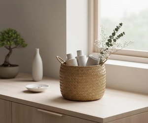 Round seagrass <b>basket</b> with 2 handles Handmade <b>Storage</b> <b>Basket</b> Wholesale eco-friendly Made in Vietnam - Product Image 4