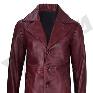 Men's Regular Burgundy Genuine Leather Waterproof Varsity Bomber Jacket Turn-<b>down</b> Collar Zipper Closure Front Outdoor Winter - Product Image 5