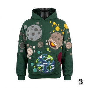 Men's <b>Black</b> Hooded <b>Fleece</b> Sweatshirt Applique Planet Patchwork Casual Streetwear Regular Fit Winter Breathable Eco-Friendly - Product Image 3