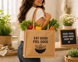 ถุงช้อปปิ้งผ้ากระสอบขนาดใหญ่พร้อมหูหิ้วสำหรับใส่ของชำ รุ่น Eat Good Feel Good - Product Image 4