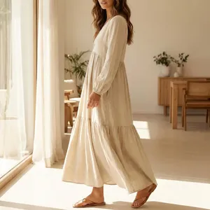 Vestido largo de lino y algodón para mujer, vestido largo holgado con cuello en V, ropa informal de verano - Product Image 4