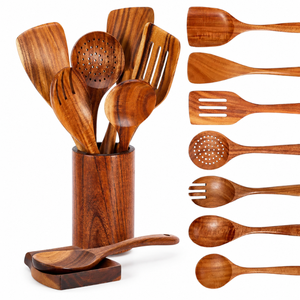 Ensemble d'ustensiles de cuisine en bois d'acacia avec support, repose-cuillère, spatules en bois, cuillères, outils de cuisine |   Articles de cuisine artisanaux en gros - Product Image 1