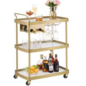Antique Brass 2-Tier Oval Bar Cart Vintage Metal <b>Serving</b> <b>Trolley</b> Mobile Drink Cart with Raised Guardrails for Home and Hotel - Product Image 2