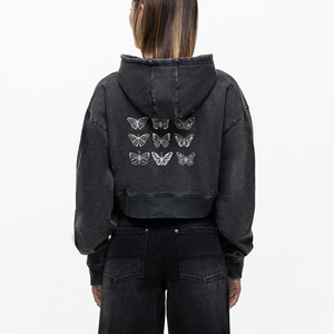 Sudadera Corta con Capucha para Mujer, con Bordado de Mariposa, Negra, Casual, con Cierre, Manga Larga, Tejida en Algodón, para Otoño - Product Image 2