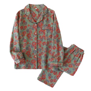 2025 Nueva Primavera Verano pijama térmico para mujer traje de manga larga 100% algodón crepé con hojas de flores ropa de casa de dos piezas - Product Image 3