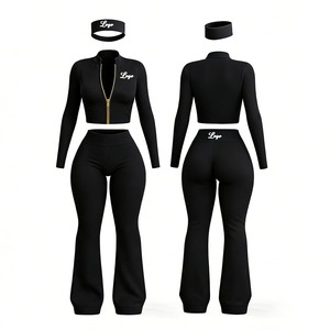 Women 2 Piece Tracksuit Set <b>Black</b> Zip-Up Crop <b>Top</b> Flare Pants Stand Collar <b>Long</b> <b>Sleeve</b> Solid Color Breathable Spandex Polyester - Product Image 1