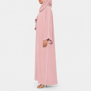 Conjunto de Abaya Informal de Primera Calidad con Pañuelo a Juego, Diseño Abierto, Detalles de Borde Blanco, Cuello en V, Largo hasta el Tobillo, para Uso Diario - Product Image 3
