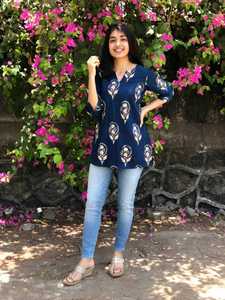 <b>Indian</b> Casual Wear Blue Cotton Kurta With White Floral Print Loose Fit Midi Casual Wear Short <b>Top</b> Kurti Style Digital Printing - Product Image 6