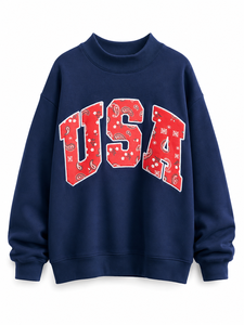 Sweat-shirt à col rond bleu marine pour femme avec imprimé paisley rouge USA, manches longues, en coton tricoté, décontracté, pour l'automne - Product Image 1