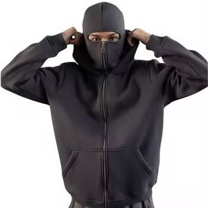 OEM Custom Logo Men Face Mask Full <b>Zip</b> Balaclava <b>Hoodie</b> Full Coverage Kangaroo <b>Pocket</b> Blackout Pullover 100% Cotton Winter - Product Image 1