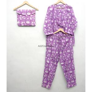 Ensemble de pyjama pour femmes fait main, imprimé floral violet, 100% coton, manches longues, taille élastique, vêtements de nuit décontractés, 2 pièces - Product Image 2