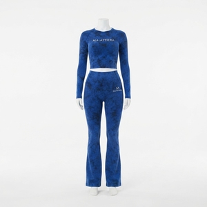 Women <b>Royal</b> <b>Blue</b> Acid Wash Yoga Set Long Sleeve Crop Top Flare <b>Leggings</b> Gym Fitness Workout Activewear - Product Image 1
