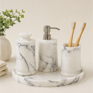 Ensemble d'accessoires de salle de bain en marbre blanc, 5 pièces, fabriqué à la main, naturel, comprenant un distributeur de savon, un porte-brosse à dents, un porte-savon et un plateau - Product Image 6