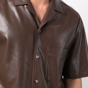 <b>Men's</b> <b>Brown</b> Leather Short Sleeve Casual <b>Shirt</b> Turn-down Collar Solid Color Summer Wear - Product Image 4