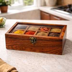 กล่องเครื่องเทศไม้ทำมือ, กล่องมาซาลาอินเดียแบบ 6 ช่อง, กล่องเก็บของในครัวพร้อมฝาแก้วและช้อน - Product Image 5