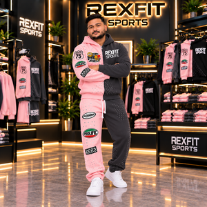 Conjunto Deportivo Rexfit 2026, Sudadera con Capucha y Cremallera en Bloques de Color Rosa y Negro, Personalizable, para Hombre, con Pantalones Jogger a Juego - Product Image 1