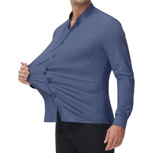 Chemise décontractée pour homme à col montant, manches longues, boutonnée sur le devant avec poche poitrine et design uni minimaliste - Product Image 4