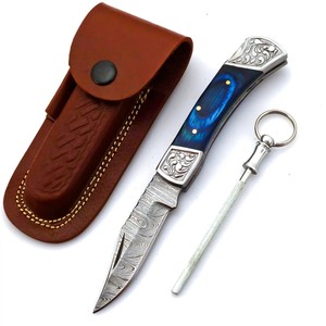 Couteau utilitaire pliant en acier Damas, manche en bois Pakka, étui en cuir, ODM OEM, couteau de poche EDC, chasse, camping, qualité industrielle - Product Image 1