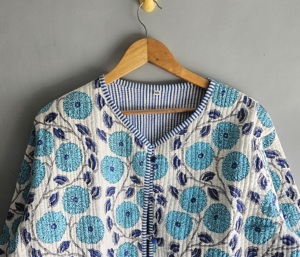 <b>Quilted</b> <b>Jacket</b> Women Floral Embroidery Cotton V Neck Three Quarter Sleeve Spring Style White Blue <b>Pattern</b> gift for her - Product Image 2