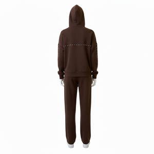 Ensemble de survêtement unisexe d'hiver respirant marron à capuche, couleur unie avec détails en strass, fermeture éclair intégrale, style streetwear décontracté - Product Image 5