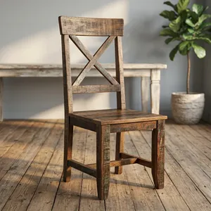 Rustic Reclaimed Wooden Dining <b>Chair</b> with X Backrest Farmhouse Style <b>Vintage</b> Solid Wood Seating - Product Image 3
