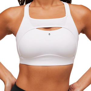 Sujetador deportivo de alto soporte para mujer con logo personalizado, blanco, de nailon y elastano, espalda cruzada, top atlético para yoga, acolchado, para gimnasio y entrenamiento. - Product Image 5