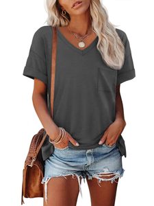 T-shirt d'été pour femme à col en V, coupe ajustée, décontracté, basique, avec poche, couleur macaron, style urbain, manches courtes - Product Image 5