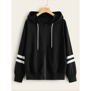 Sweat-shirt à capuche unisexe noir avec manches rayées blanches, coupe ample décontractée, en coton tricoté, pour l'automne - Product Image 1