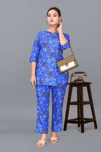 Conjunto de Pantalones y Blusa de Poliéster y Rayón Estampado Azul al por Mayor para Mujer, Cuello Redondo, Ecológico, Sostenible, Informal, Exportación de la India, Tallas de la S a la 3XL - Product Image 4