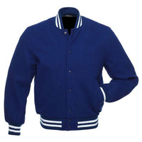 Veste de sport bleue pour homme avec épaules blanches et poignets rayés rouges, style preppy, coupe classique, col rabattu