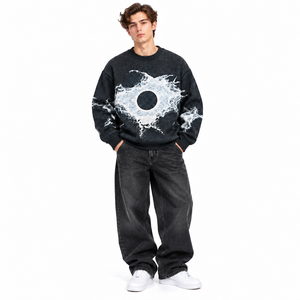 Suéter de punto extragrande para hombre con estampado gráfico Eclipse negro y estampado celestial abstracto blanco, cuello redondo, estilo urbano, venta al por mayor - Product Image 1