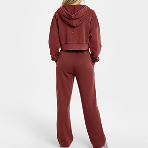 OEM 100% Cotton Solid Color Zipper Embroidered Hoodie Flare <b>Jogger</b> Distressed Women's 2-Piece <b>Set</b> Streetwear Winter Fleece - Product Image 3