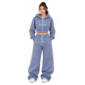 Ensemble de survêtement bleu à capuche pour femme avec logo Saints en strass, sweat-shirt et pantalon décontractés à manches longues coupe ample, idéal pour l'automne - Product Image 5
