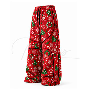 <b>Men's</b> Christmas <b>Red</b> Wide Leg Heavyweight Formal Pants Elastic Mid Drawstring Baggy Breathable Quick Dry Fleece/Cotton High - Product Image 4
