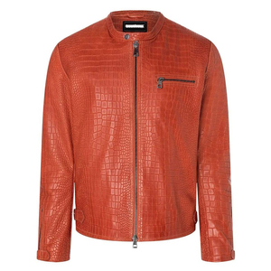 Veste moto en cuir PU gaufré crocodile rouge pour homme, col rabattu, fermeture éclair, coupe classique, style automne - Product Image 3