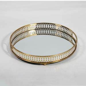 Plateau de vanité rond doré avec miroir, plateau de rangement décoratif, plateau de service, organisateur de bijoux à cadre métallique pour coiffeuse, décoration de mariage - Product Image 1