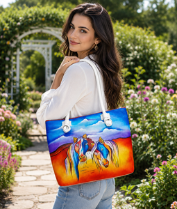 Hand Painted Genuine Leather Tote Bag Artisanal Horse Design Women's <b>Medium</b> Shoulder Bag Top Zip Closure Designer <b>Handbag</b> - Product Image 5