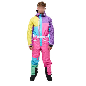 Combinaison de ski une pièce pour homme, rétro, à blocs de couleur, imperméable et isolée, avec capuche - Product Image 1