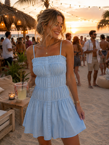 Light Blue Sweet Solid Spaghetti Strap Sleeveless Mini <b>Dress</b> Square Neck <b>Ruffle</b> Hem Loose A-Line Woven Fabric Button Front - Product Image 3
