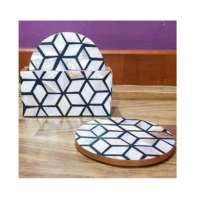 Posavasos con incrustaciones de hueso y soporte, diseño floral azul y blanco, rectangular - Product Image 4