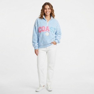 <b>Women's</b> Cream Fleece <b>Quarter</b>-<b>Zip</b> Sweater With Navy Bow Plaid Trim Casual Winter Top - Product Image 2
