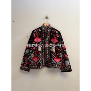 Black <b>Velvet</b> Stand Collar <b>Jacket</b> <b>Women</b> Hand Embroidered Floral Suzani Coat Zipper Winter Short Boho Outerwear - Product Image 1