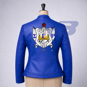 Chaqueta de cuero azul premium de la hermandad Sigma Gamma Rho con letras griegas para miembros de la hermandad y fraternidad SGR, chaqueta para mujer - Product Image 2