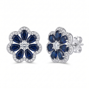 Blue Sapphire Flower <b>Stud</b> <b>Earrings</b> 925 <b>Sterling</b> <b>Silver</b> Rhodium Plated Floral <b>Earrings</b> for Women Gift Wedding Party - Product Image 1