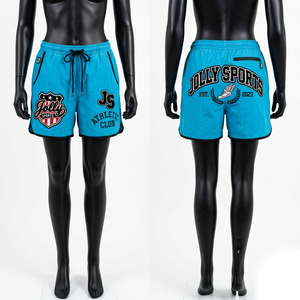 Shorts coupe-vent légers en polyester 110 GSM, bleu turquoise, avec logo brodé et impression sérigraphiée, poche zippée, pour femme - Product Image 5