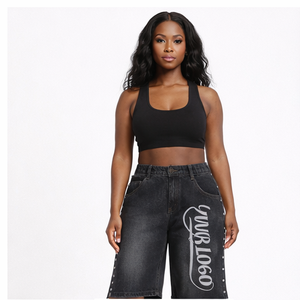 Custom Women's Oversized Denim Jorts Streetwear Sun Faded Jean Shorts Baggy Rivets Denim Shorts For Women - Product Image 1