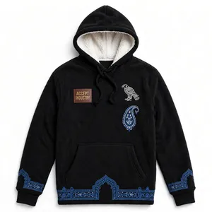 Sudadera con Capucha Negra para Hombre de la Marca ACCEPT INDUSTRY, con Diseño de Águila Bordada y Paisley, Bolsillo Frontal, Ropa Casual de Invierno - Product Image 1