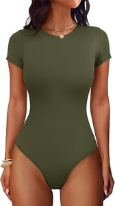 Women Solid Color Short Sleeve Crew Neck Bodycon Bodysuit Stretch Knitted Activewear Spandex Nylon One Piece Fit Regular Length - Product Image 3