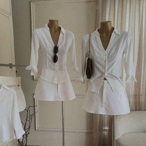 High Quality OEM ODM <b>Women's</b> Casual Solid White V-Neck Shirt <b>Skort</b> 2-Piece Set Breathable Quick Dry 100% Polyester Oxford Fabric - Product Image 4
