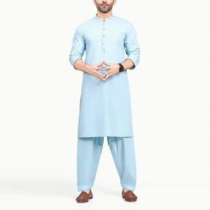 Nouveau Salwar Kameez bleu ciel 2026 pour hommes avec embellissements de boutons argentés sur le col à revers, offrant un look festif et vibrant - Product Image 1